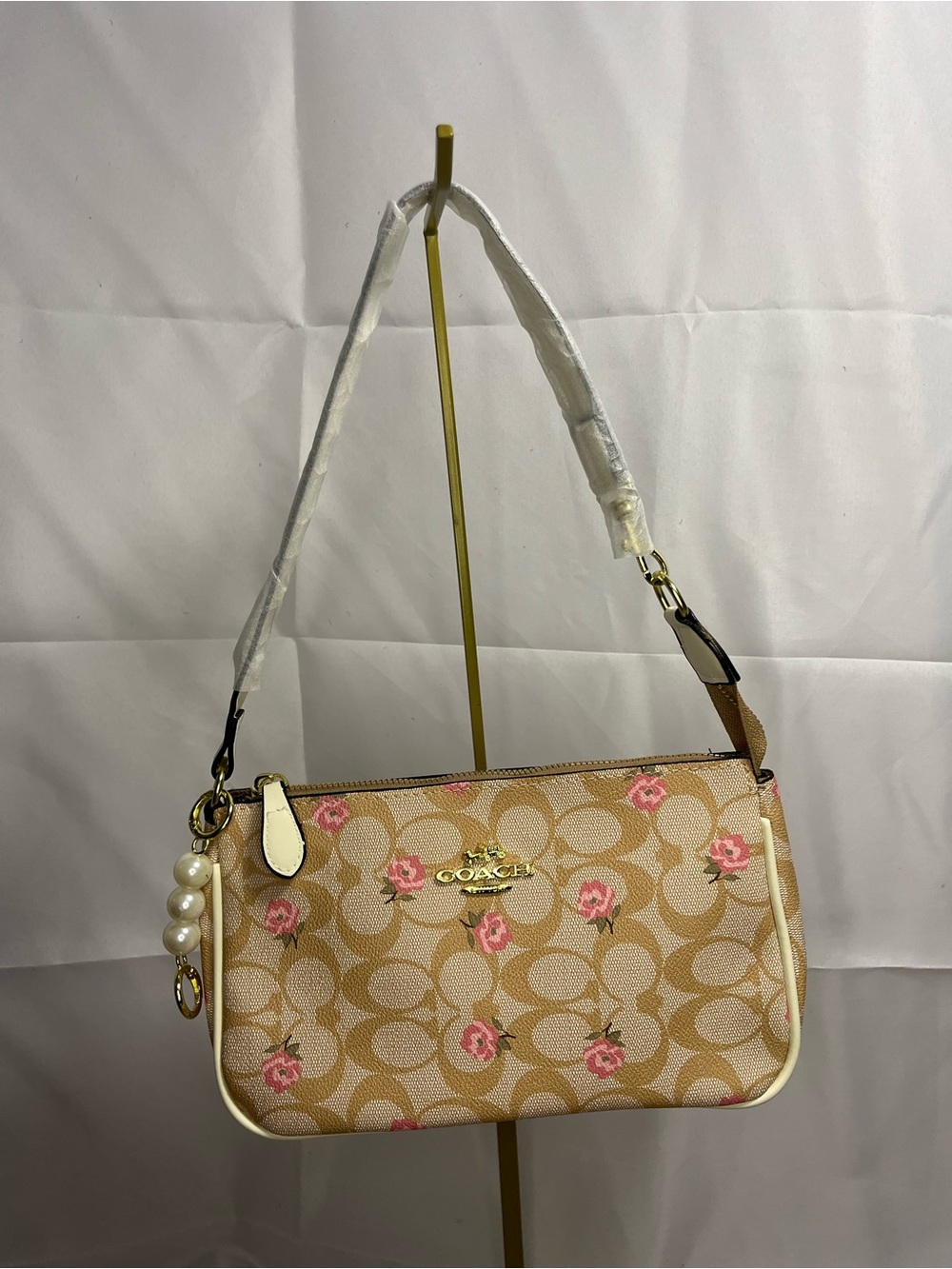 Coach Beige Signature Floral Shoulder Bag with Pink Roses